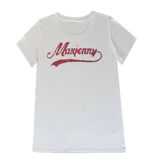 Maxjenny Swoosh Pink Swarovski T-Shirt Weiß